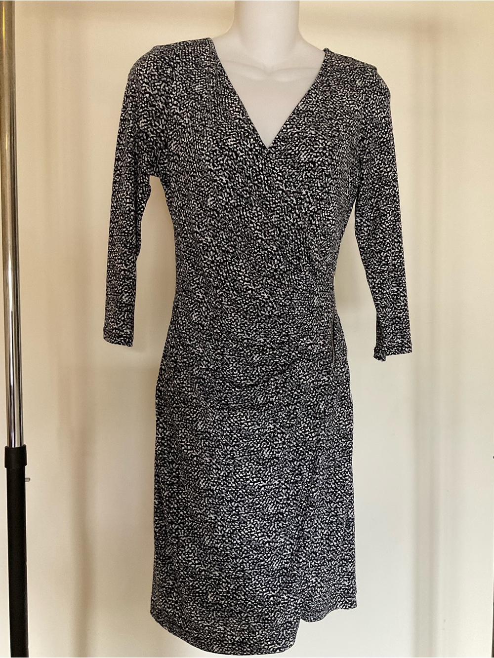 Express Navy Blue and White Printed Faux-Wrap Midi Dress